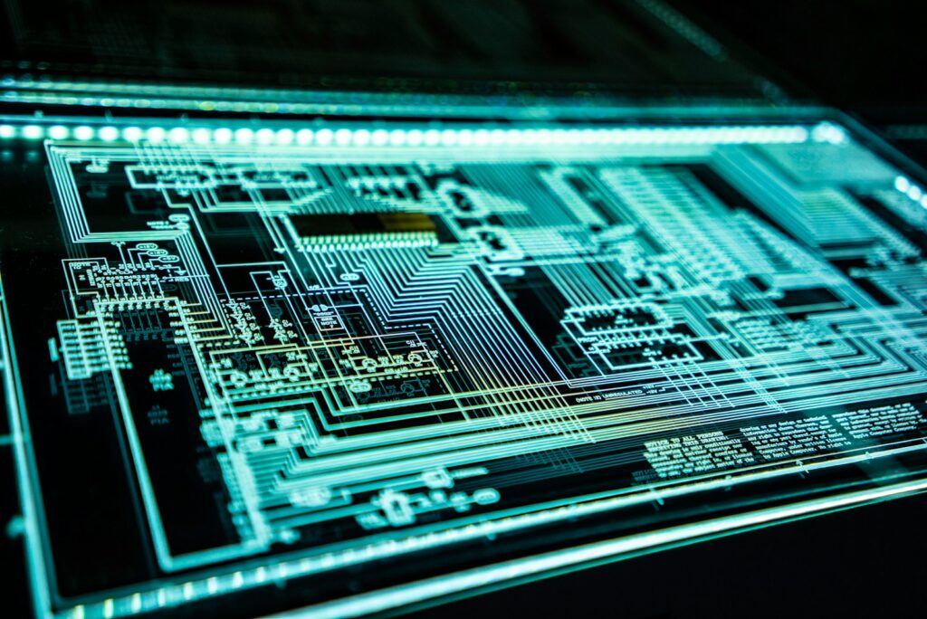 teal LED panel showing blueprints of some kind.