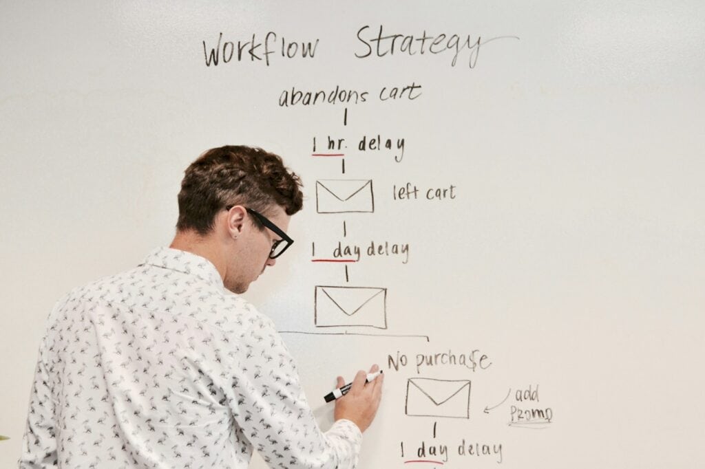 Man in a white shirt planning an email marketing scheme on a whiteboard